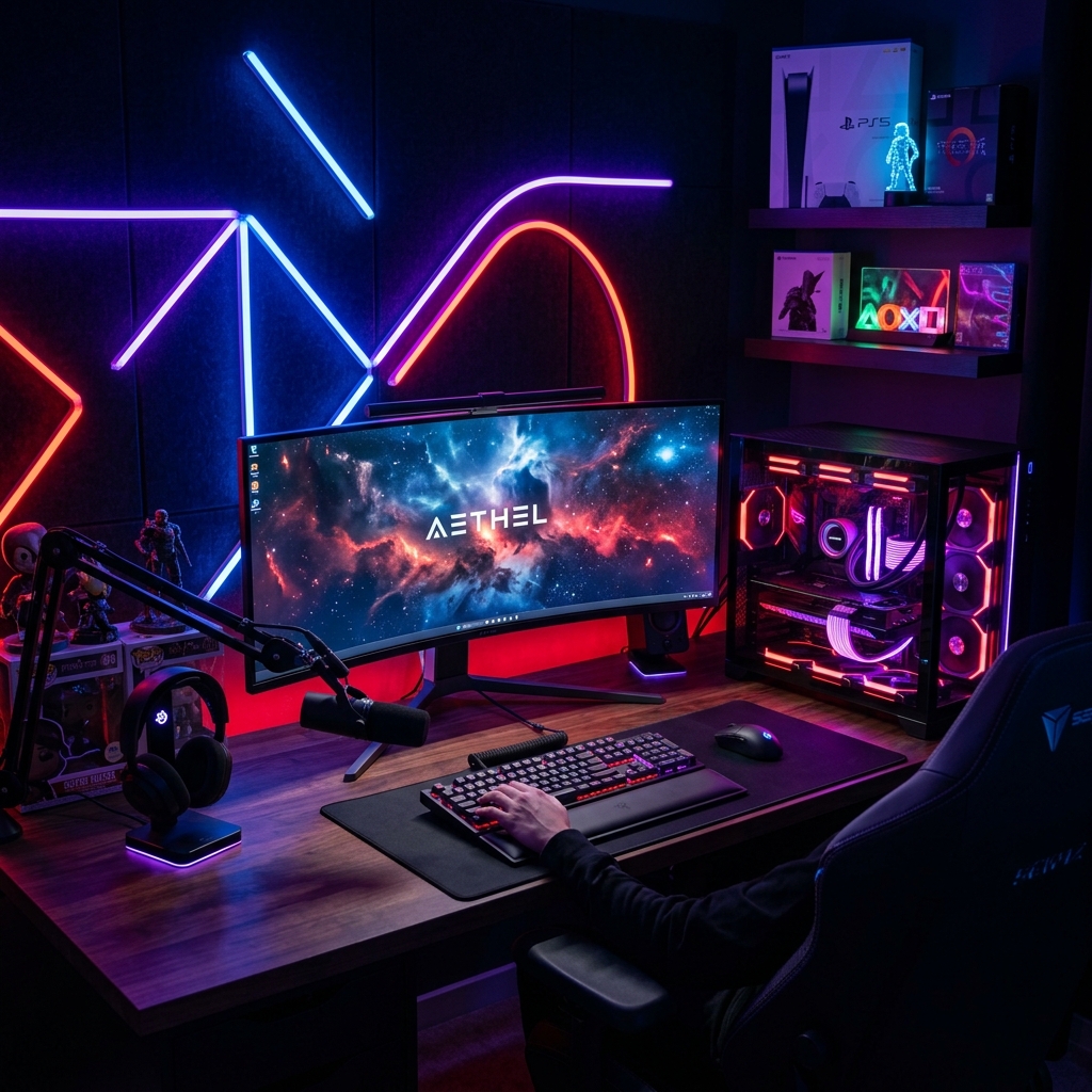 Setup gamer completo com iluminação RGB no quarto